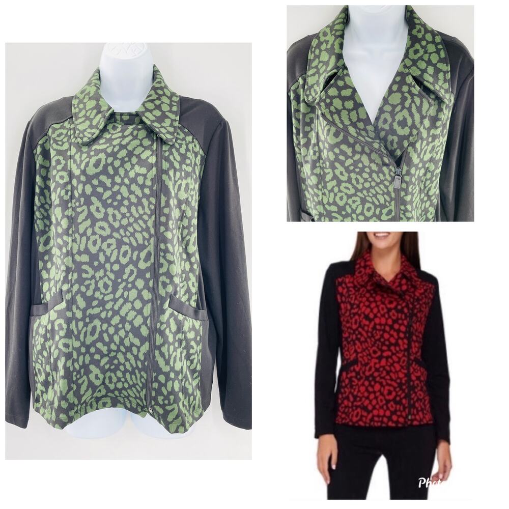 SUSAN GRAVER Green Black Animal Print Knit Moto Asymmetrical Zip Jacket L